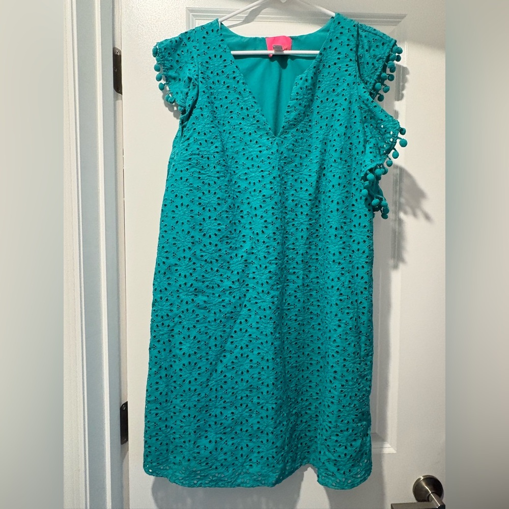 Lilly Pulitzer Teal Eyelet Dress with Pom Pom Trim